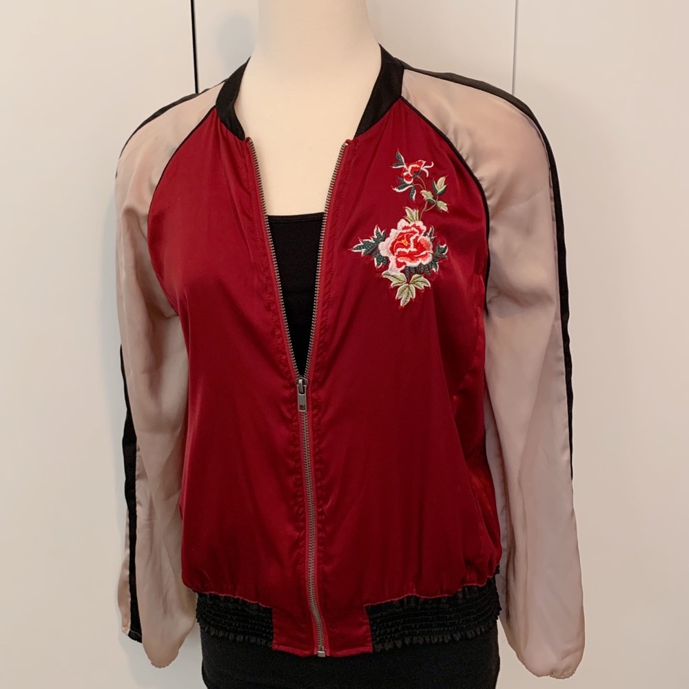 3/$10 Red Satin Bomber Jacket with Floral Embroidery